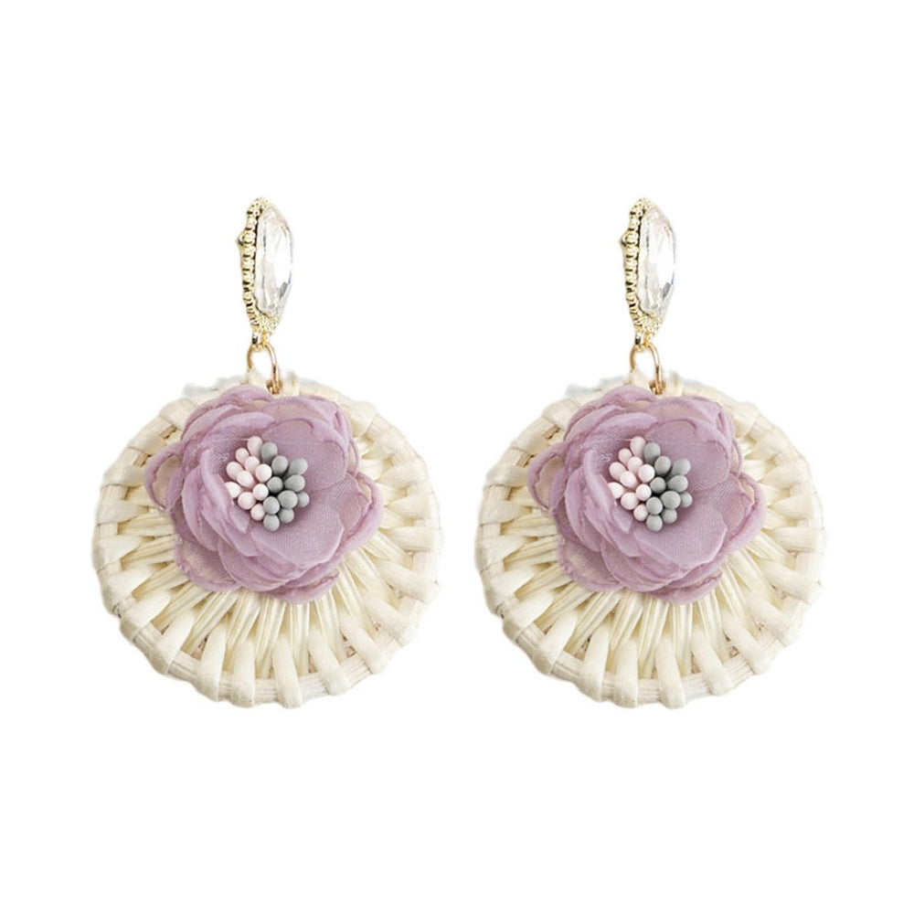 1 Pair Drop Earrings Round Flower Rattan Shining Rhinestone Stud Earrings Jewelry Gift Image 2