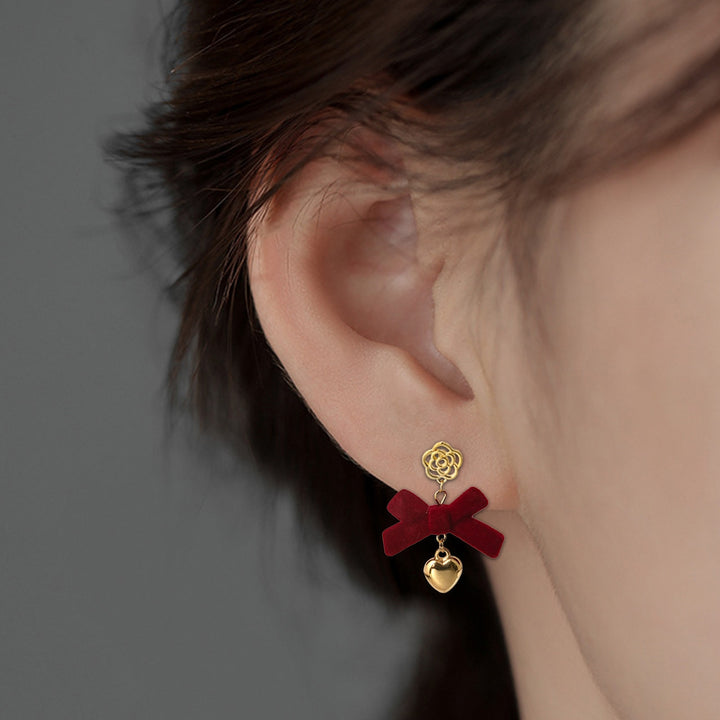1 Pair Women Earrings All-match Anti-fade Ear Decoration Festive Touch Red Bow Dangle Flower Heart Earrings for Everyday Image 9