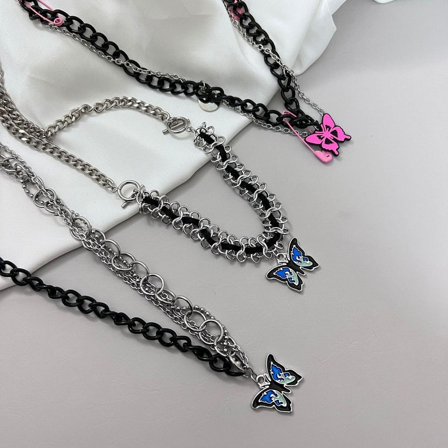 Necklace Chain Personality Twisted Chain Double Layer with Pin Cool Girl Butterfly Sweater Necklace Jewelry Accessory Image 1
