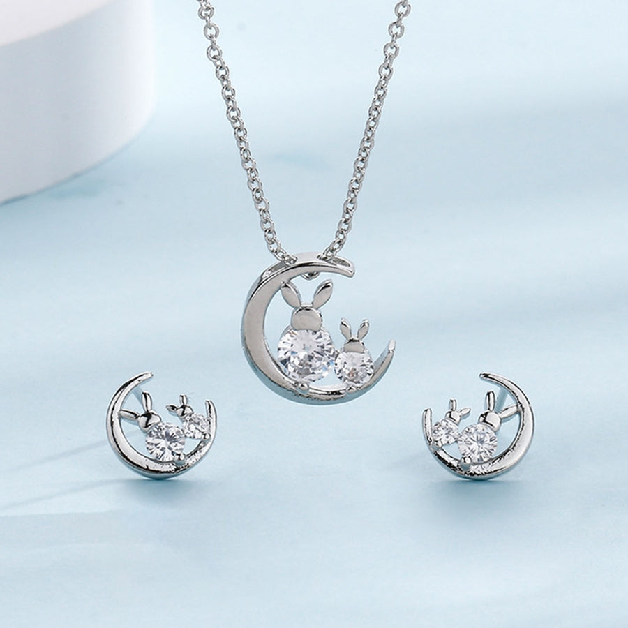 Stud Earrings Sweet Glitter Korean Style Rabbit Moon Inlaid Rhinestone Pendant Necklace Ear Studs Jewelry Accessory Image 1