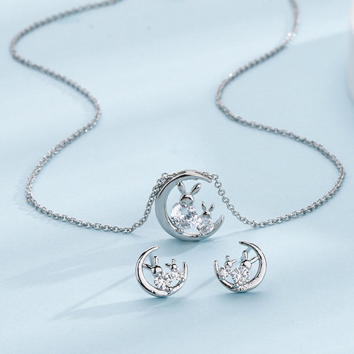 Stud Earrings Sweet Glitter Korean Style Rabbit Moon Inlaid Rhinestone Pendant Necklace Ear Studs Jewelry Accessory Image 9