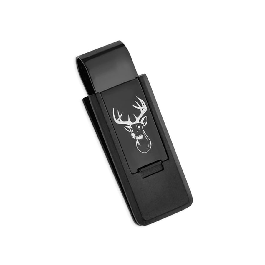 Mens Black Plated Stainless Steel Lasered Buck Head Flip Money Clip Image 1