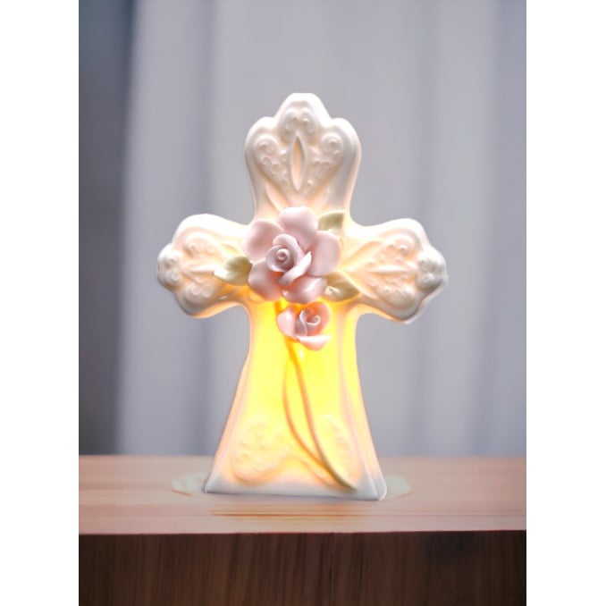 Ceramic Rose Flowers on Cross Plug-In NightlightReligious DcorReligious GiftChurch Dcor, Image 1