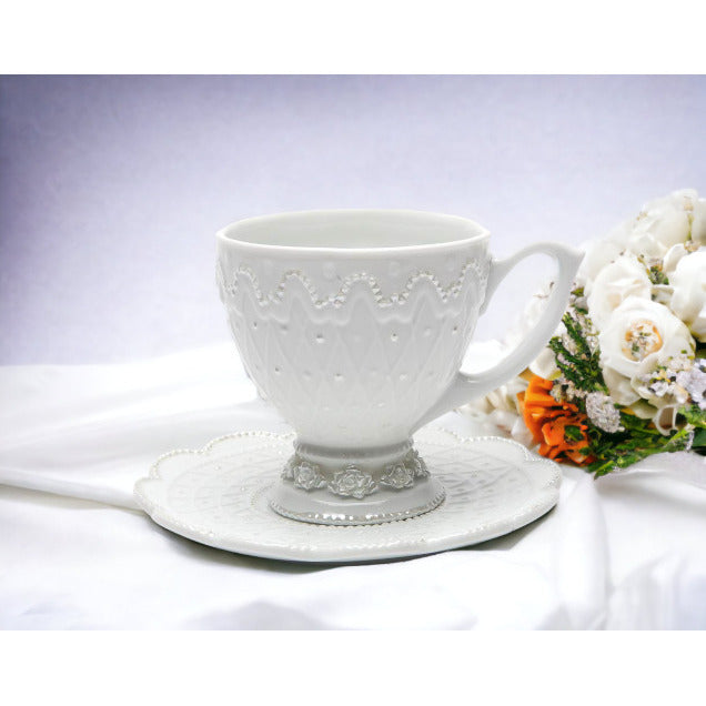 Ceramic White Rose Cup and SaucerWedding Dcor or GiftAnniversary Dcor or GiftHome Dcor Image 1