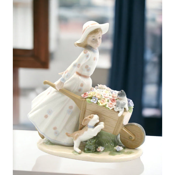 Ceramic Girl With Flower Wagon FigurineHome DcorMomFarmhouse Kitchen Dcor, Image 1