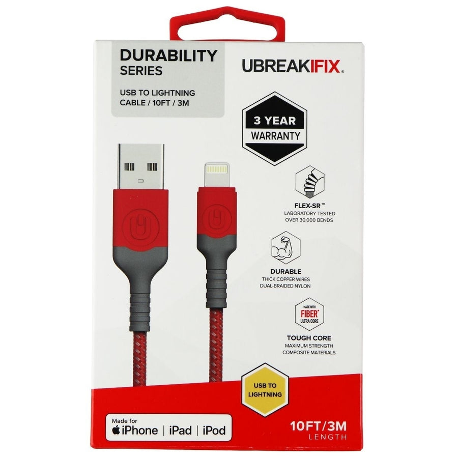 UBREAKIFIX Durability Series USB to Lightning 8-Pin Cable (10FT) - Red Image 1