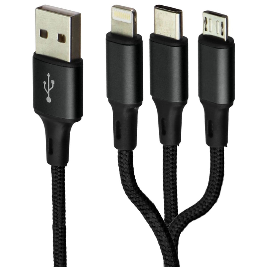 Zoda 3-in-1 USB-C/Lightning 8-Pin/Micro USB Braided Cable (4FT) - Black Image 1