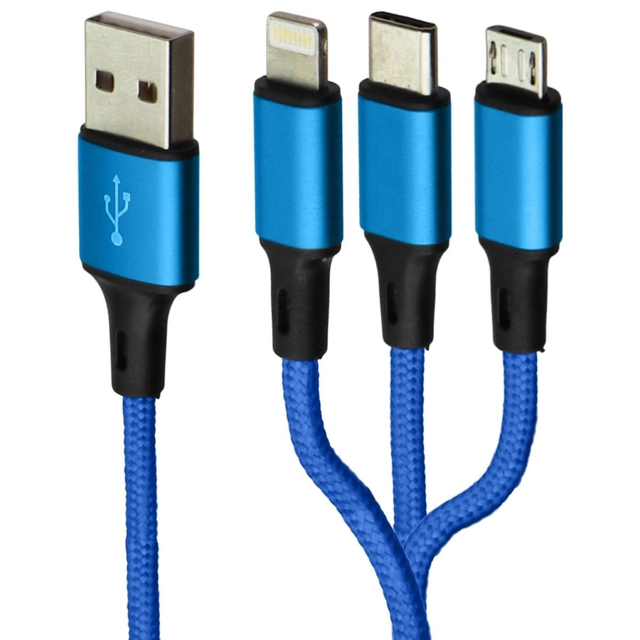 Zoda 3-in-1 USB-C/Lightning 8-Pin/Micro USB Braided Cable (4FT) - Neon Blue Image 1