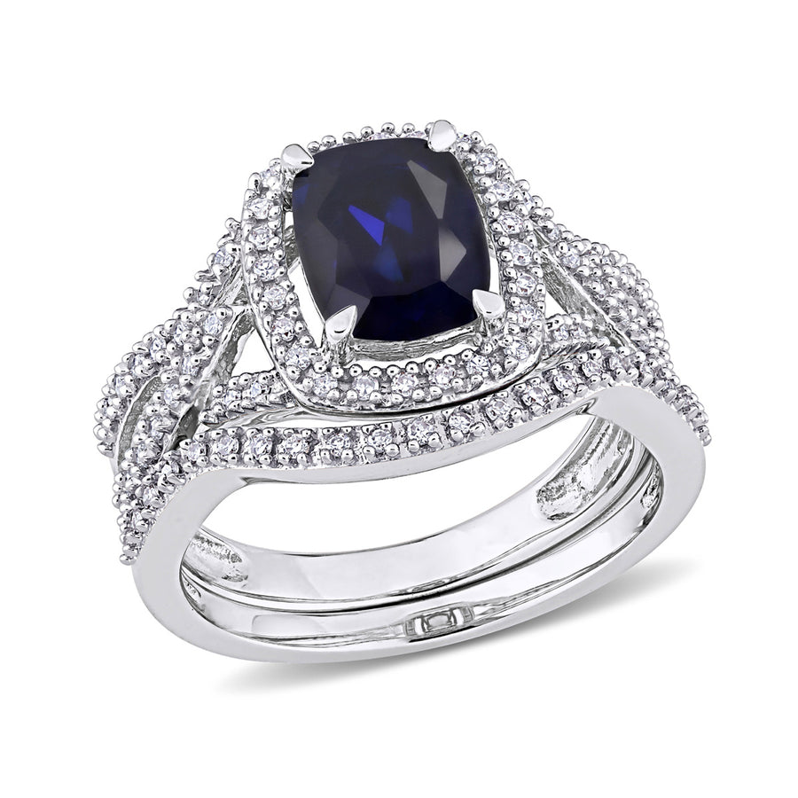 2.20 Carat (ctw) Lab-Created Blue Sapphire with Diamonds Bridal Wedding Set Engagement Ring 10K White Gold Image 1