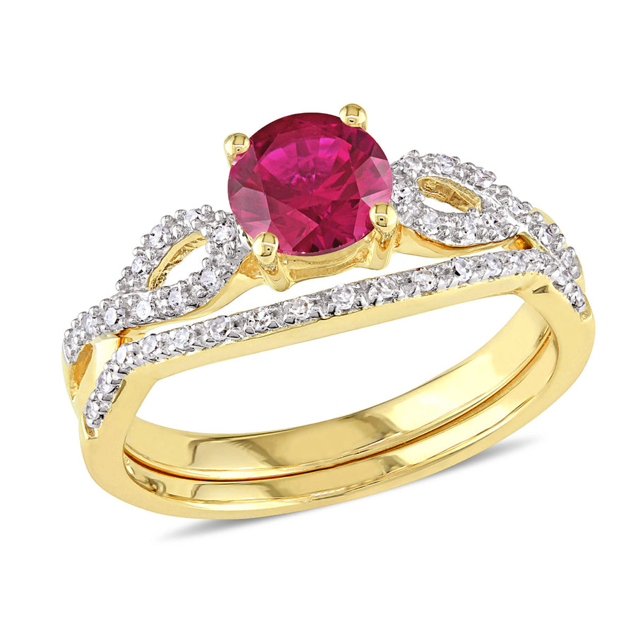 1.00 Carat (ctw) Lab-Created Ruby with Diamond Bridal Wedding Set Engagement Ring 10K Yellow Gold Image 1