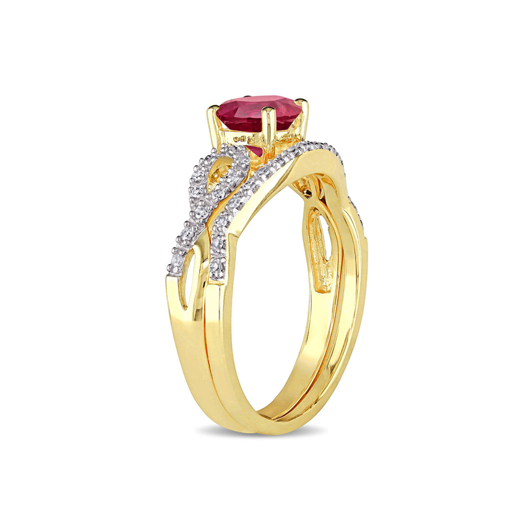 1.00 Carat (ctw) Lab-Created Ruby with Diamond Bridal Wedding Set Engagement Ring 10K Yellow Gold Image 2