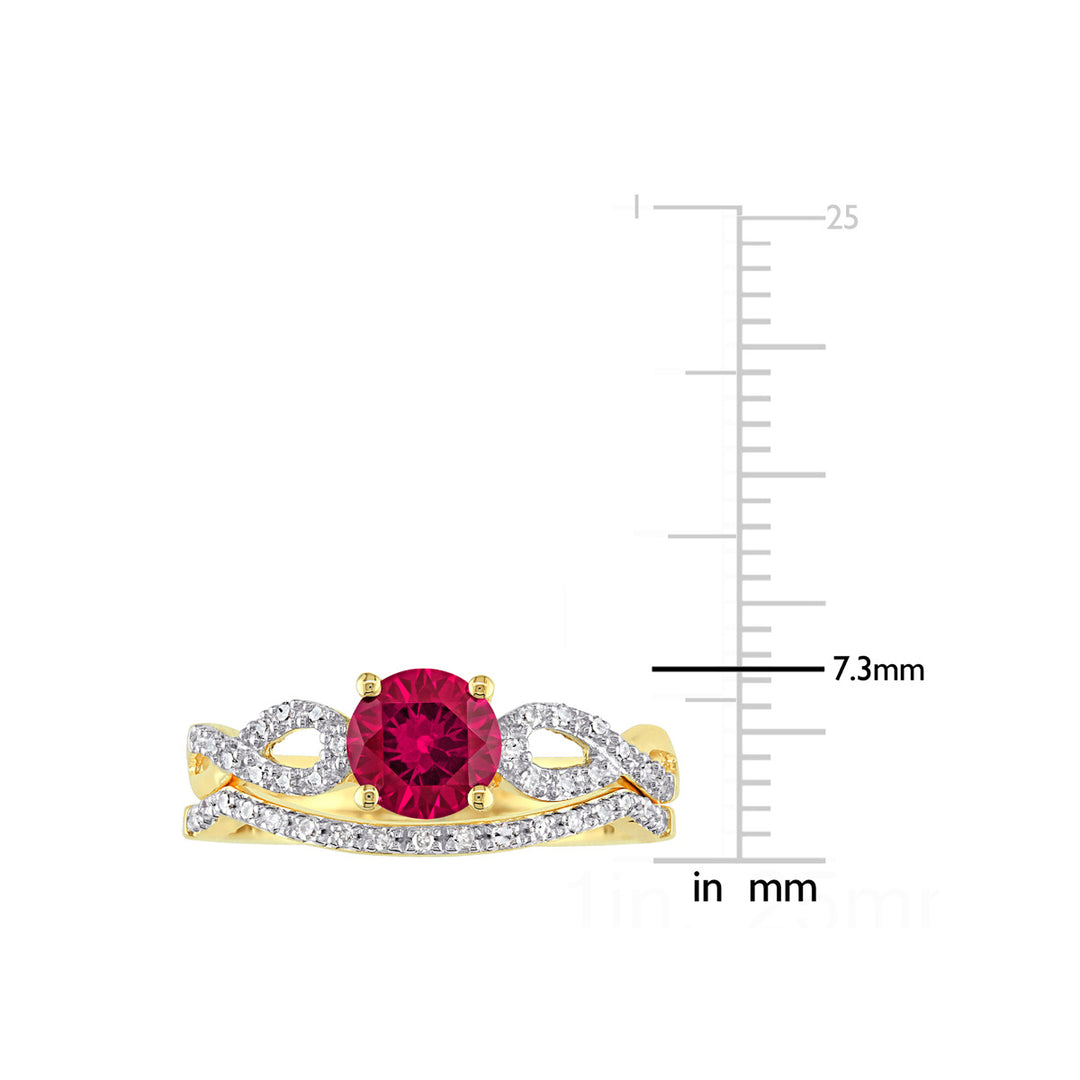 1.00 Carat (ctw) Lab-Created Ruby with Diamond Bridal Wedding Set Engagement Ring 10K Yellow Gold Image 3