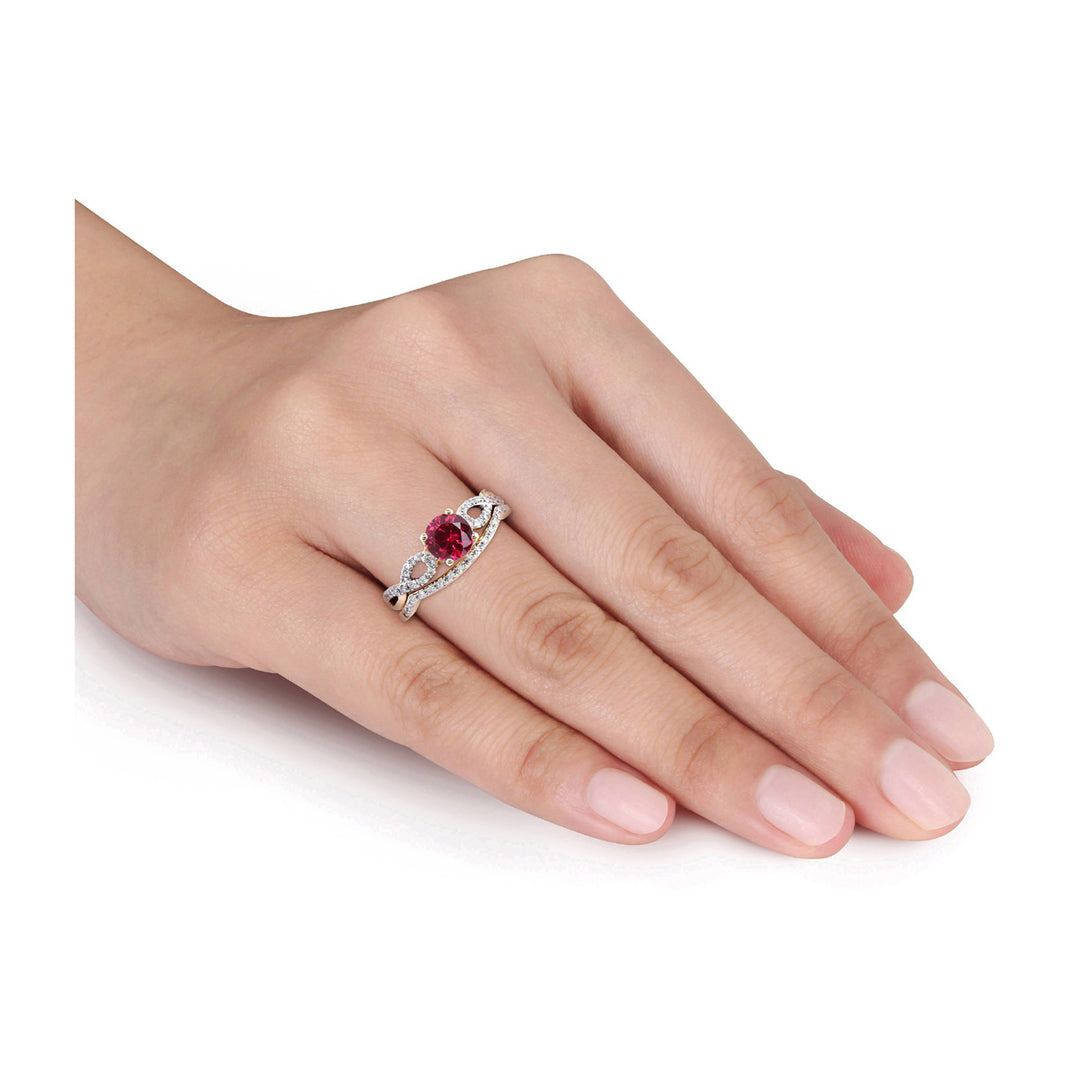 1.00 Carat (ctw) Lab-Created Ruby with Diamond Bridal Wedding Set Engagement Ring 10K Yellow Gold Image 4