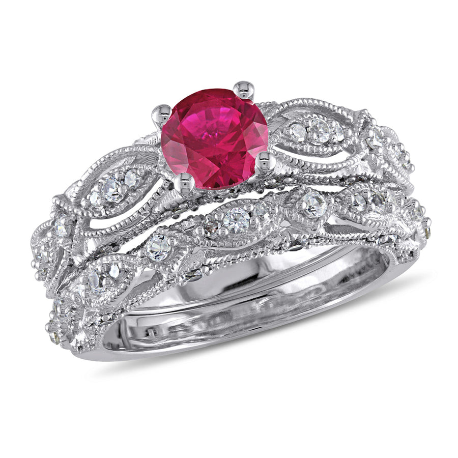 1.70 Carat (ctw) Lab-Created Ruby and White Sapphire with Diamond Bridal Wedding Set Engagement Ring 10K White Gold Image 1