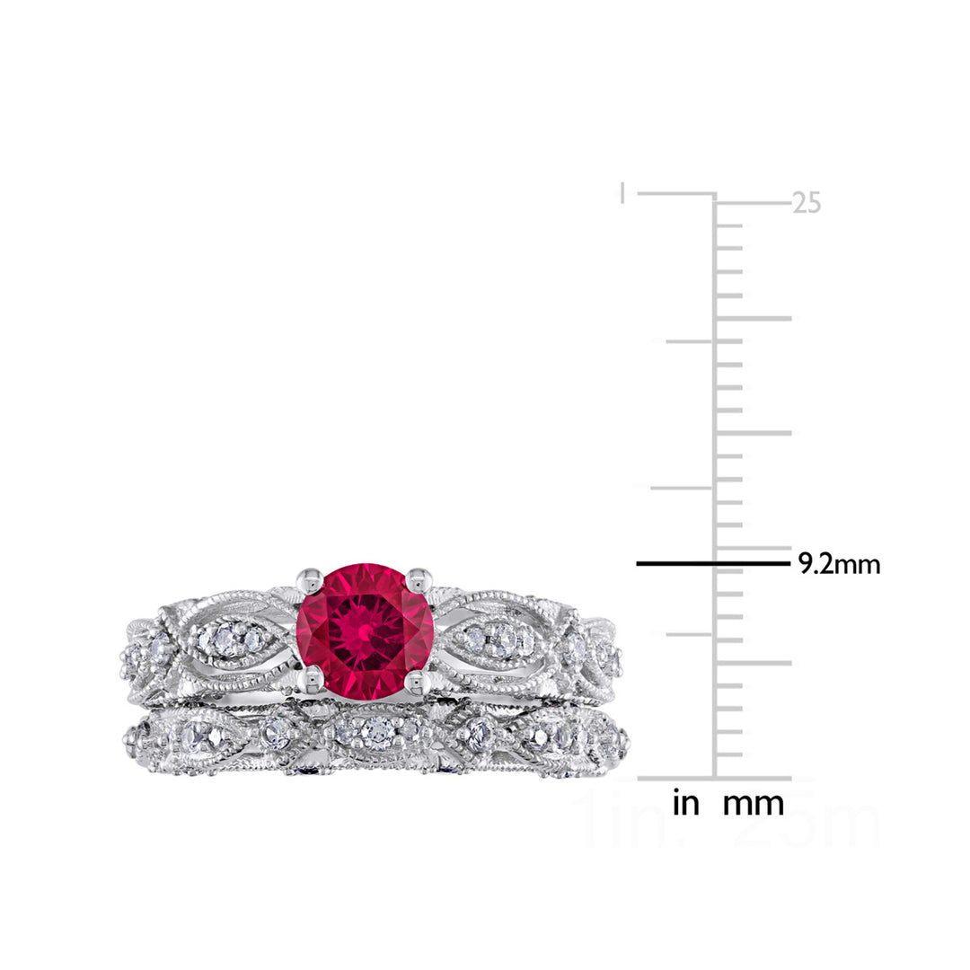 1.70 Carat (ctw) Lab-Created Ruby and White Sapphire with Diamond Bridal Wedding Set Engagement Ring 10K White Gold Image 3