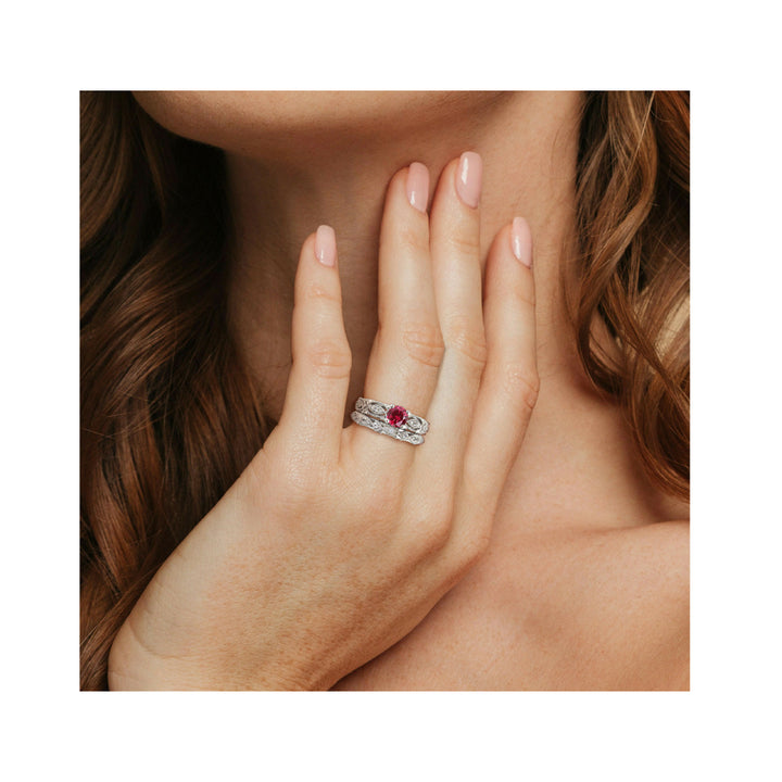 1.70 Carat (ctw) Lab-Created Ruby and White Sapphire with Diamond Bridal Wedding Set Engagement Ring 10K White Gold Image 4