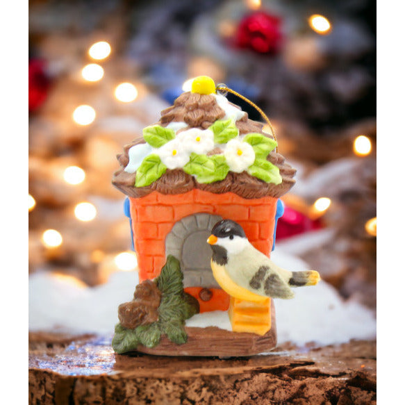 Ceramic Chickadee Bird with Birdhouse Light Cover OrnamentGift for Bird Watcher, Image 1
