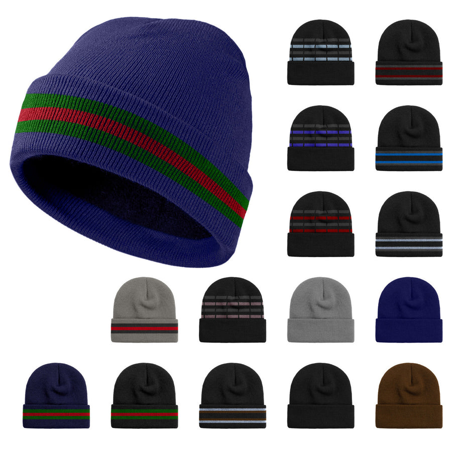 Mens Winter Warm Cozy Knit Cuffed Solid and Striped Beanie Hat with Faux faux Lining Image 1