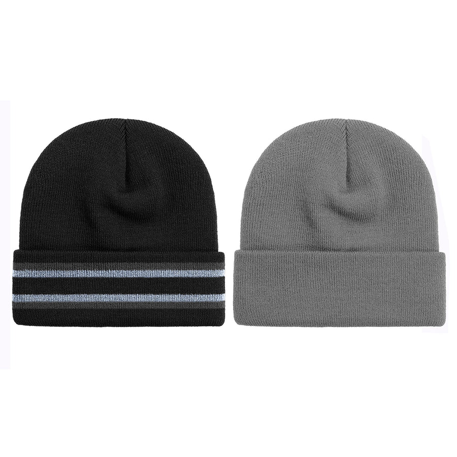 2-Pack Mens Winter Warm Cozy Knit Cuffed Solid and Striped Beanie Hat with Faux faux Lining Image 1