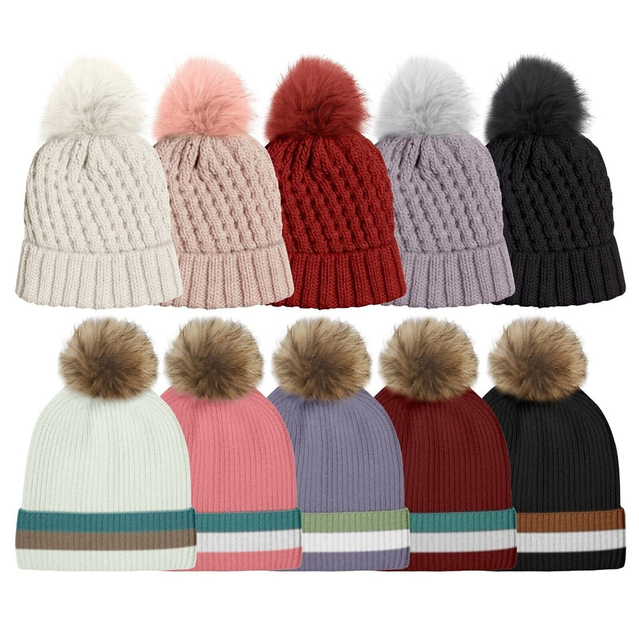 3-Pack: Womens Ultra-Soft Winter Warm Knit Feel Pom Pom Hat w/ Faux faux Lining Image 1