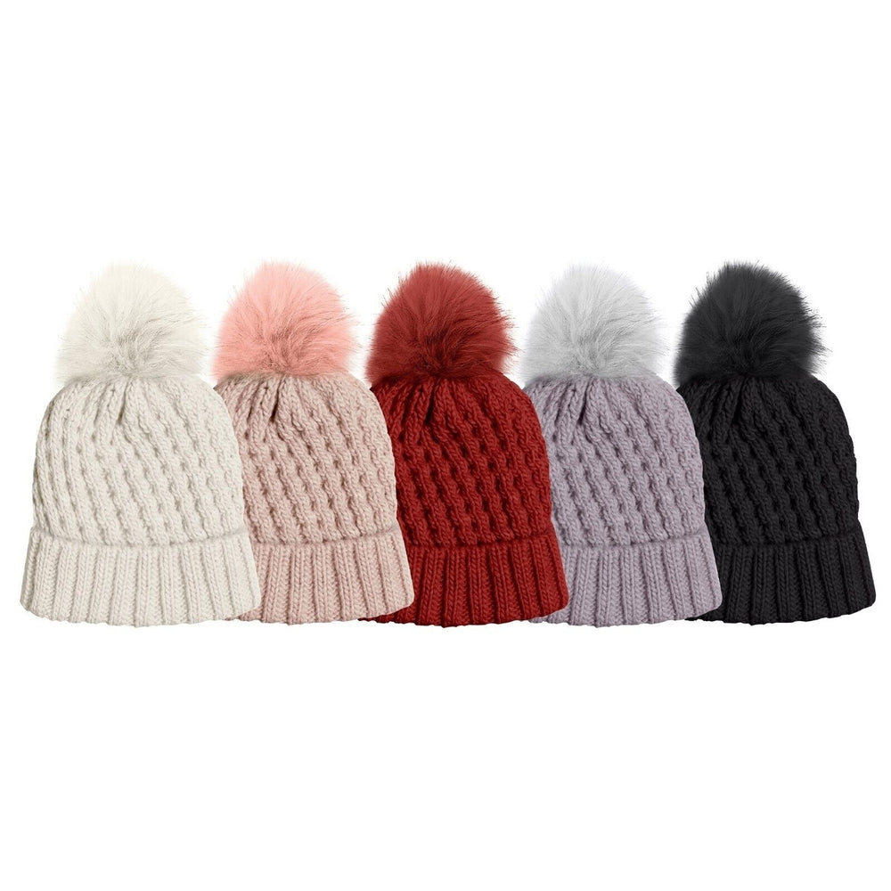 3-Pack: Womens Ultra-Soft Winter Warm Knit Feel Pom Pom Hat w/ Faux faux Lining Image 2
