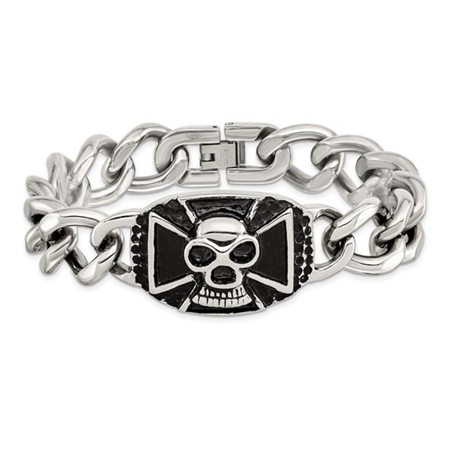 Stainless Steel Antiqued and Polished Skull Curb Bracelet (9.00 Inches) Image 1