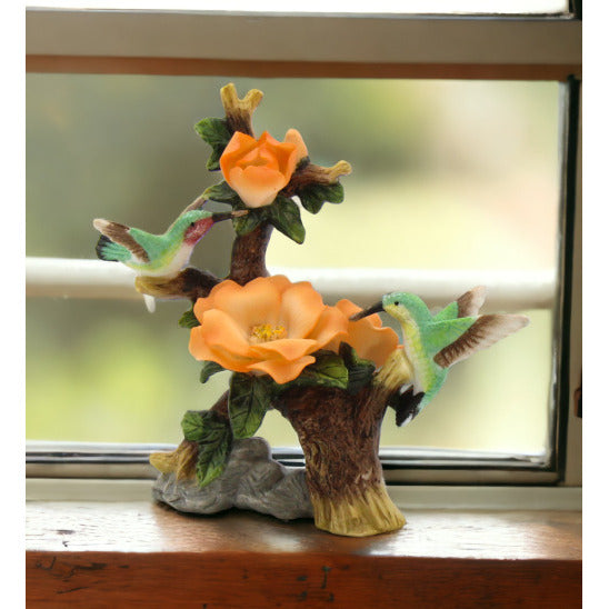 Ceramic Hummingbirds with Orange Rose Flower FigurineHome DcorMomKitchen Dcor, Image 1