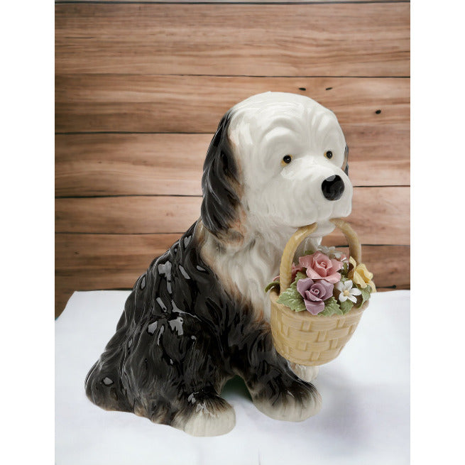 Ceramic St. Bernard Dog with Flower Basket Music BoxHome DcorKitchen Dcor, Image 1