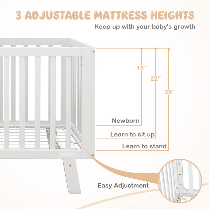 Wooden Baby Crib 3-Height Adjustable Wood Mini Crib Non-Toxic Finish In White Image 7
