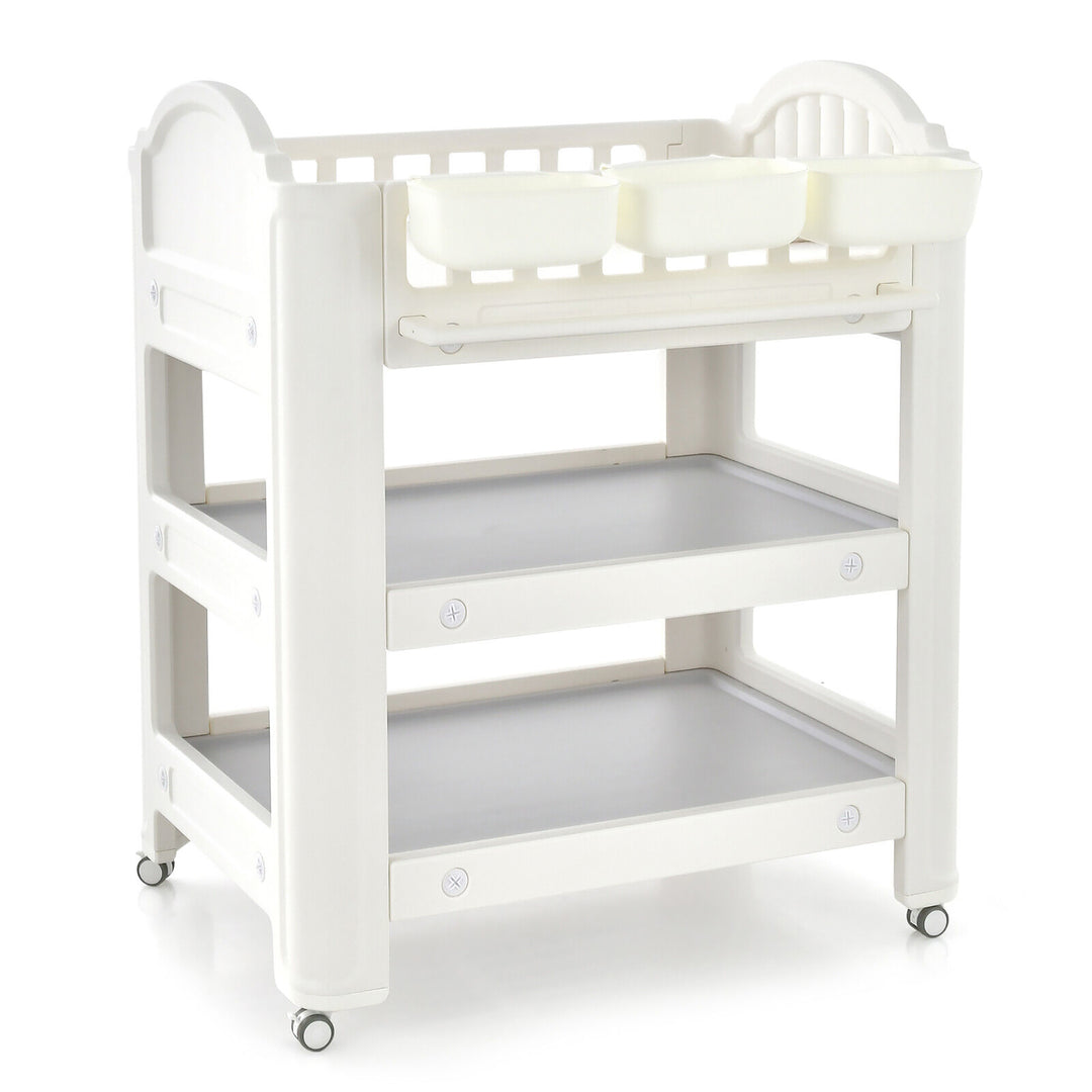 Baby Changing Table Infant Diaper Changing Station w/Changing Pad Wheels Beige Image 4