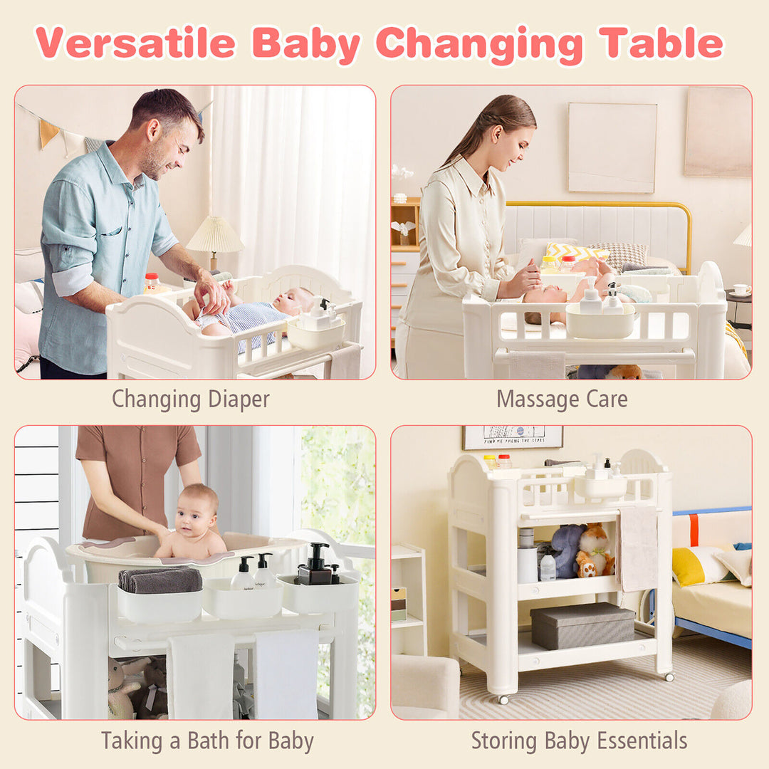 Baby Changing Table Infant Diaper Changing Station w/Changing Pad Wheels Beige Image 9