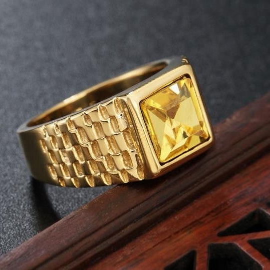 minimalist gold gemstone titanium steel ring for men and women Image 4