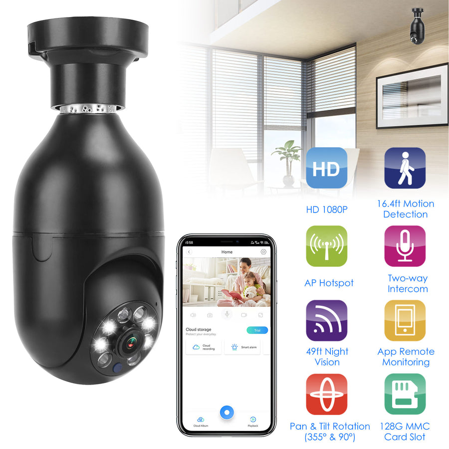 E27 WiFi Bulb Camera 1080P FHD WiFi IP Pan Tilt Security Surveillance Camera with Two-Way Audio Night Vision Motion Image 1