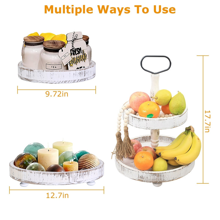 2 Tier Serving Tray Round Farmhouse Kitchen Table Tray Stand Food Fruits Cupcake Display Coffee Countertop Tray Image 4