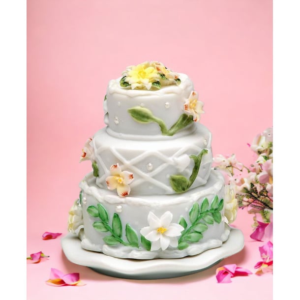 Ceramic Wedding Cake with Flowers Jewelry BoxWedding Dcor or GiftAnniversary Dcor or GiftHome Dcor, Image 1
