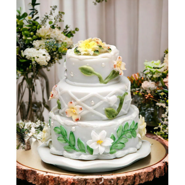 Ceramic Wedding Cake with Flowers Jewelry BoxWedding Dcor or GiftAnniversary Dcor or GiftHome Dcor, Image 2