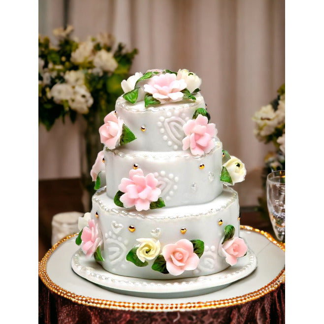 Ceramic Wedding Cake with Rose Flowers Jewelry BoxWedding Dcor or GiftAnniversary Dcor or GiftHome Dcor, Image 2