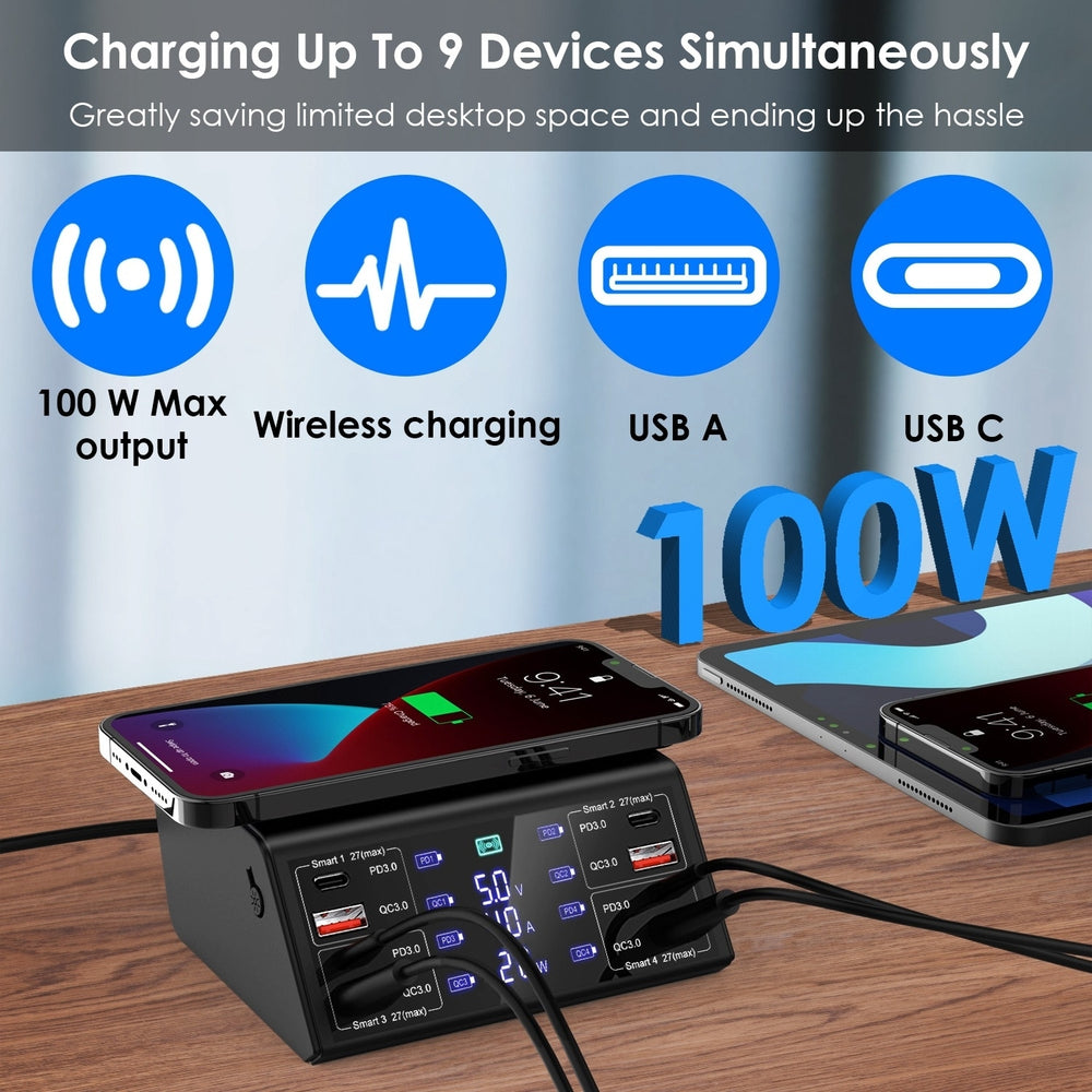 100W USB Charging Station 8 Ports Charging Station Hub PD 27W Quick Charger Wireless Charging Station Fit for iPhone 14 Image 2