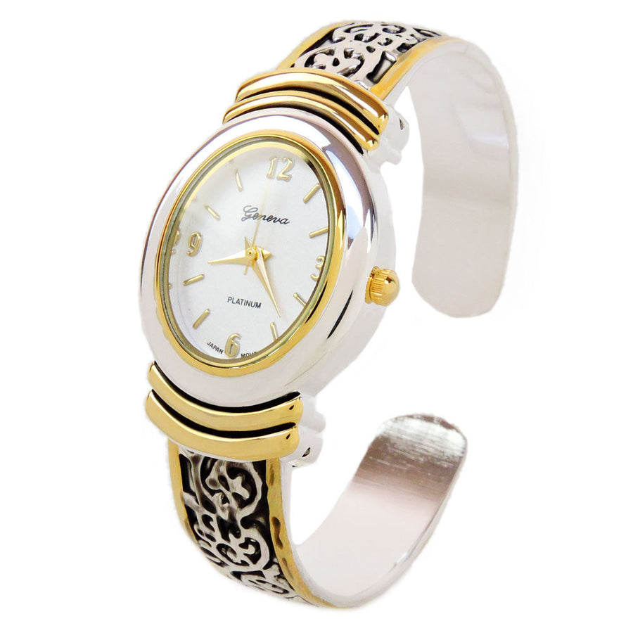 2Tone Western Style Decorated Oval Face Womens Bangle Cuff Watch Image 1