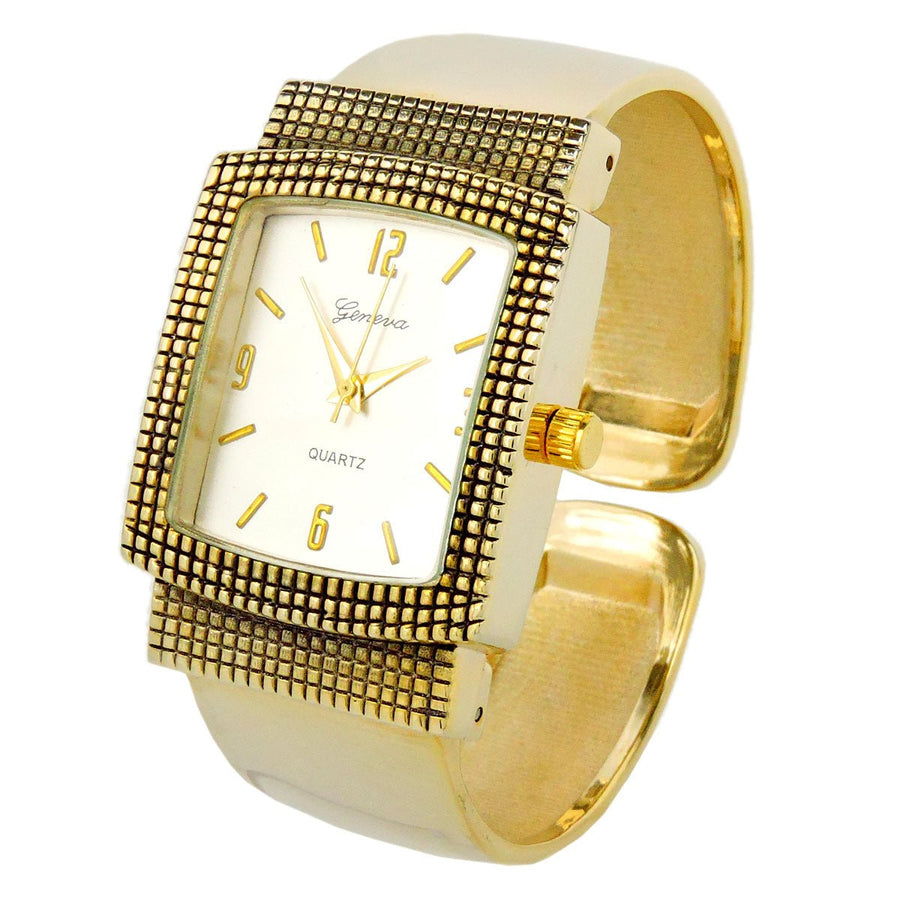 Gold Tone Mesh Style Rectangle Face Bangle Cuff Watch for Women Image 1