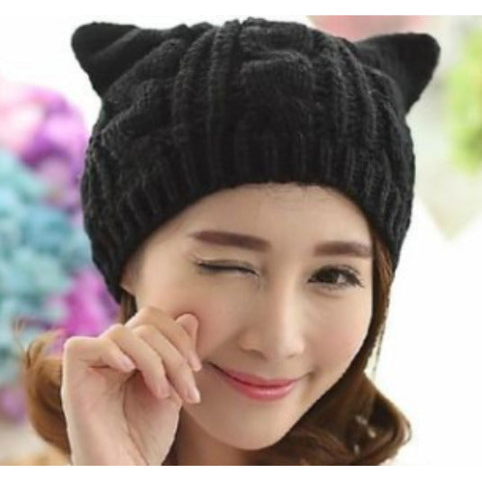 Hand Made 3D Cute Knitted Cat Ear Beanie Cap for Winter Image 2