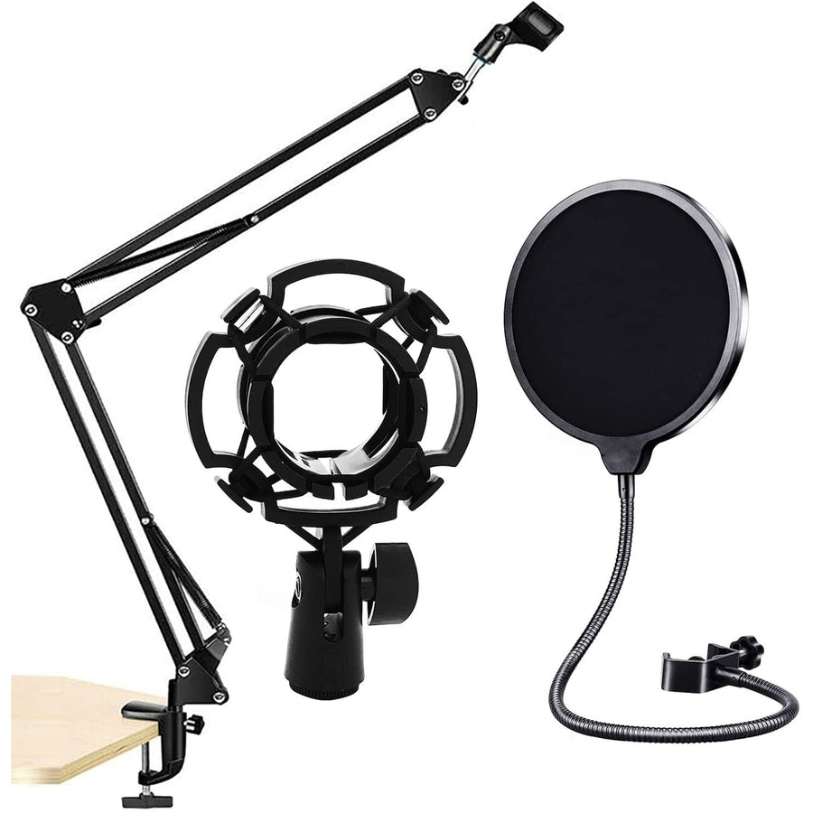 Microphone Stand Heavy Duty Microphone Suspension Scissor Arm Stand and Windscreen Mask Shield (with Pop Filter and Image 1