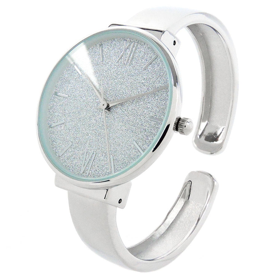 Silver Round Face Glittered Dial Fashion Womens Bangle Cuff Watch Image 1