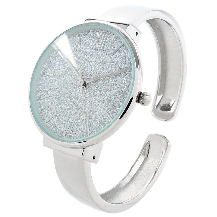Silver Round Face Glittered Dial Fashion Womens Bangle Cuff Watch Image 1