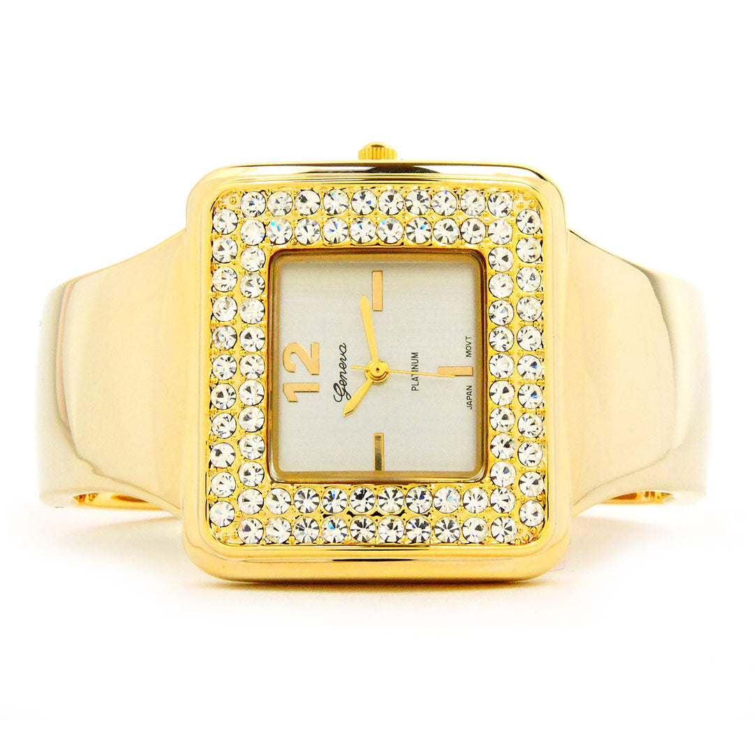 Gold Tone Crystal Bezel Luxury Bangle Cuff Watches for Women Image 3
