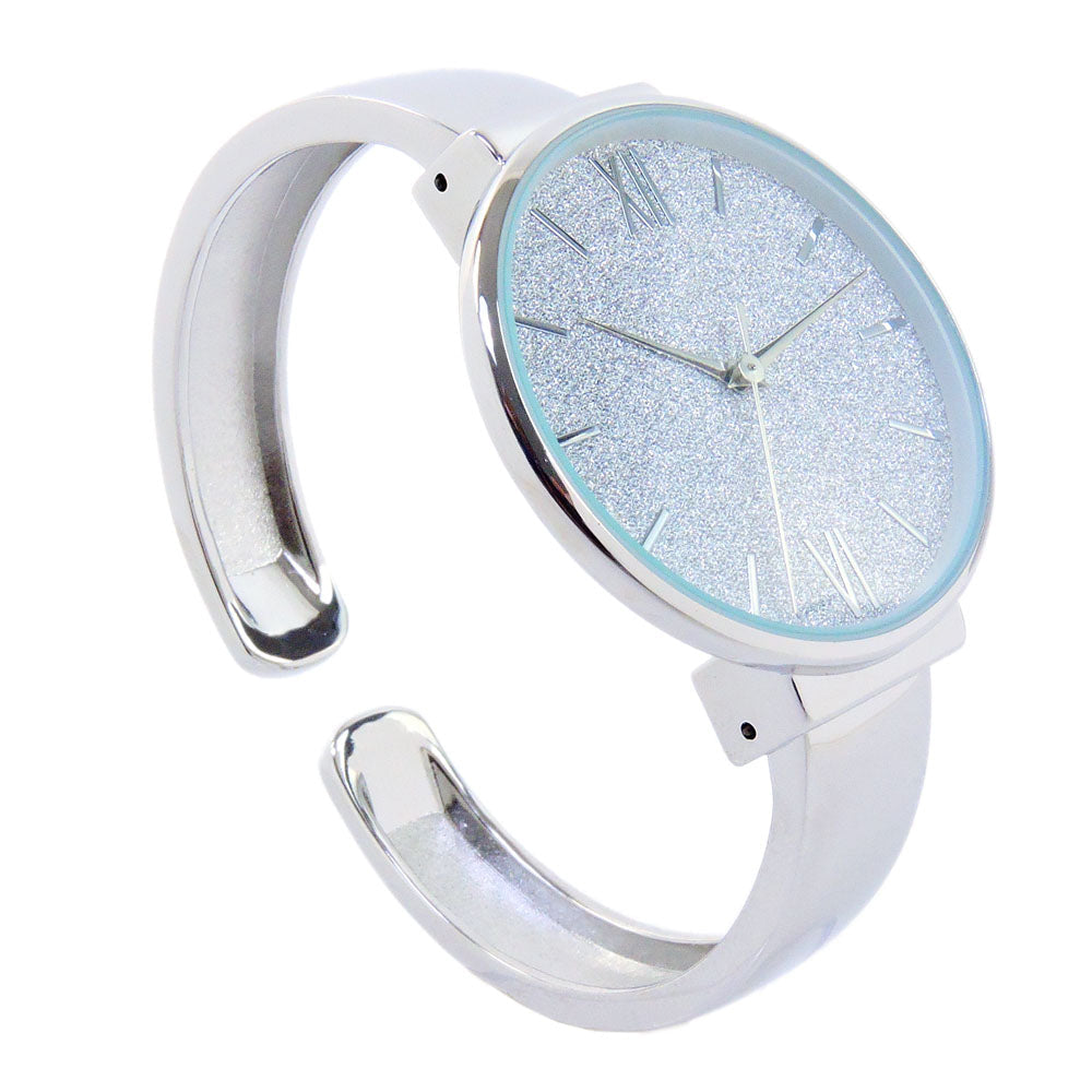 Silver Round Face Glittered Dial Fashion Womens Bangle Cuff Watch Image 3