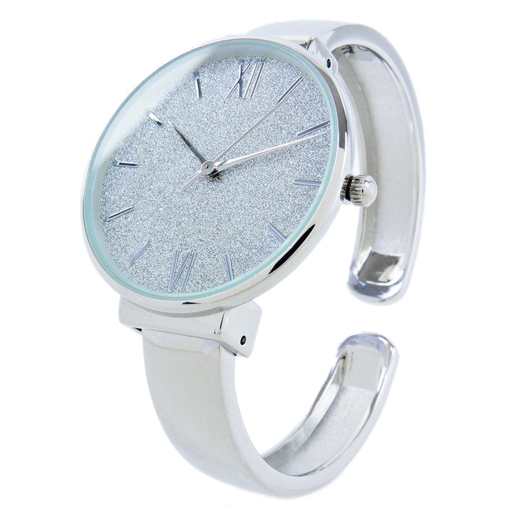 Silver Round Face Glittered Dial Fashion Womens Bangle Cuff Watch Image 6