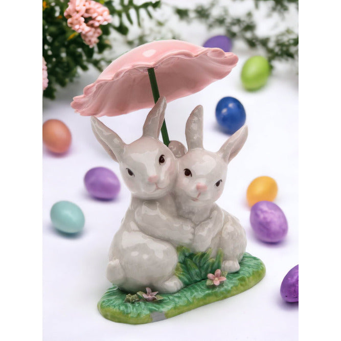 Ceramic Bunny Rabbits Sharing a Flower UmbrellaHome DcorKitchen DcorSpring DcorEaster Dcor Image 1