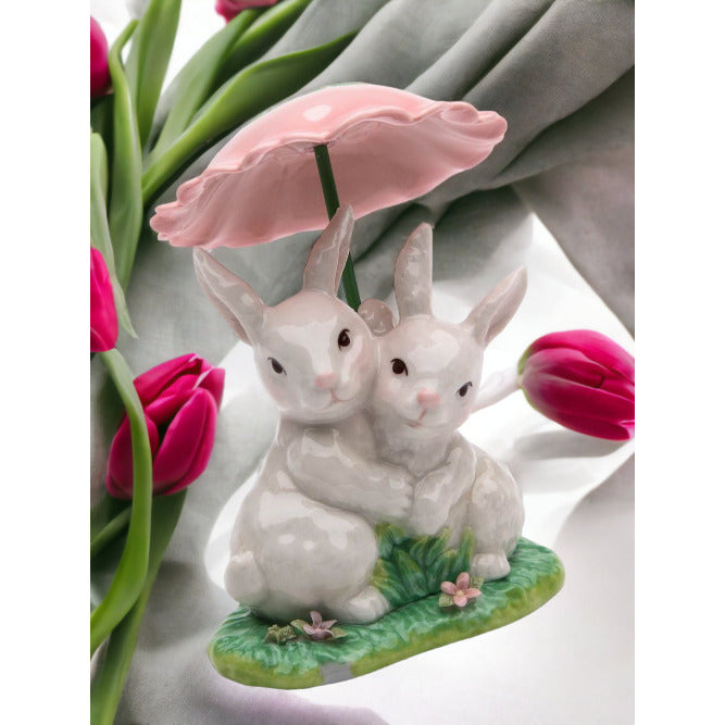 Ceramic Bunny Rabbits Sharing a Flower UmbrellaHome DcorKitchen DcorSpring DcorEaster Dcor Image 2