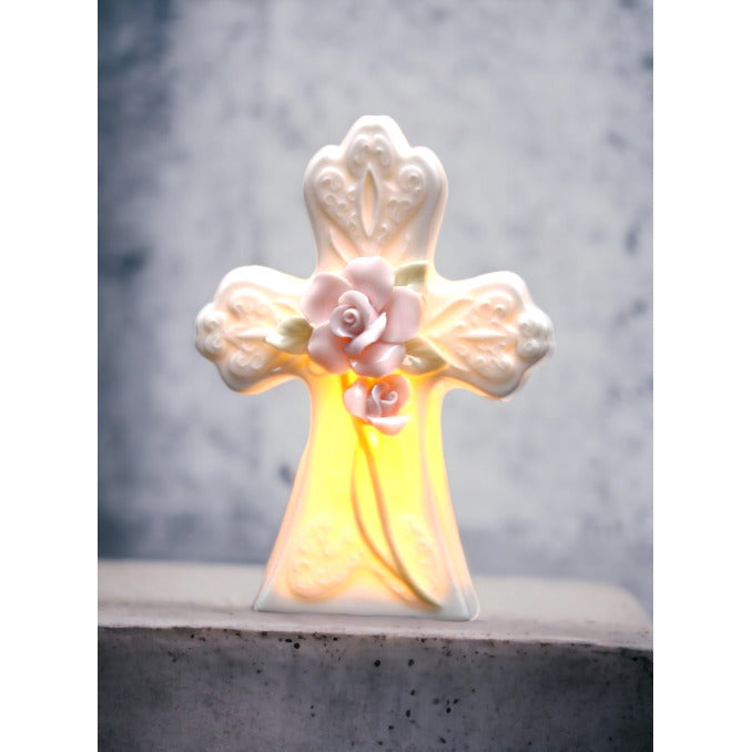 Ceramic Rose Flowers on Cross Plug-In NightlightReligious DcorReligious GiftChurch Dcor, Image 2